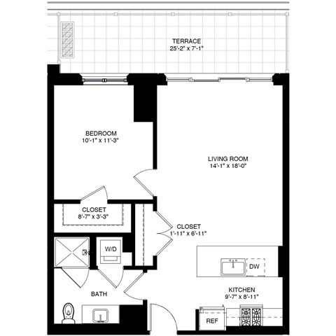 Floor plan for 1 bed, 1 bath, 758 sqft